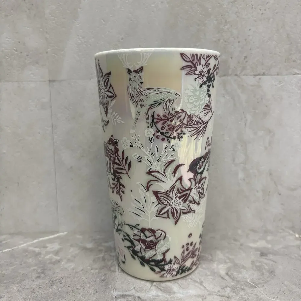 Starbucks 2022 Ceramic Tumbler Holiday Pink Enchanted Forest Floral Cup 12oz